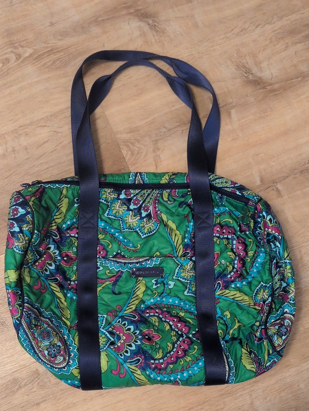 Quilted Green Paisley Duffle Bag with Navy Straps